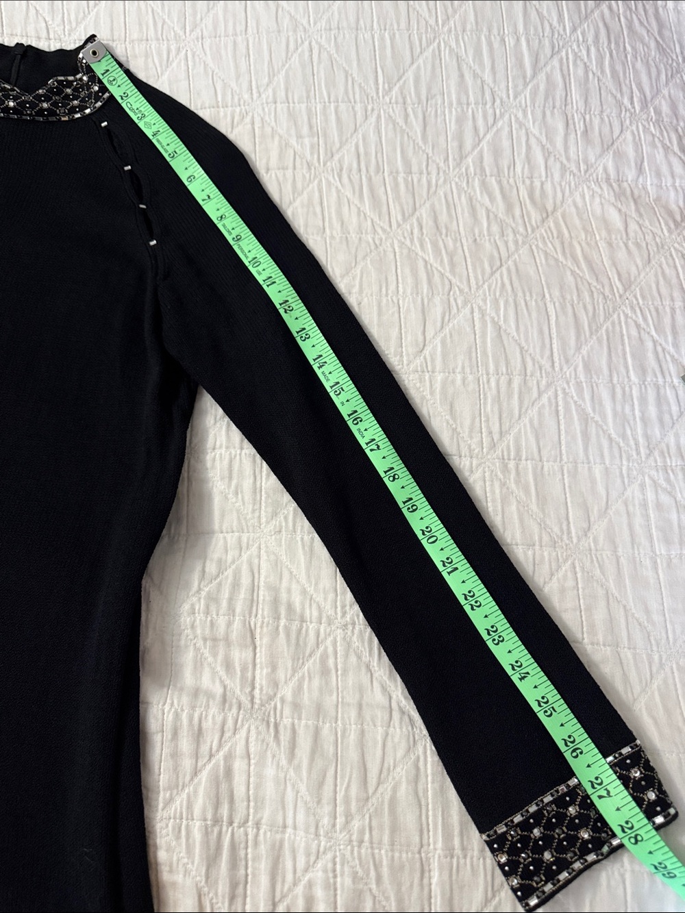 St. John Black Long-Sleeve Knit Dress with Jeweled Collar and Sleeves -Size 8 - Picture 8 of 11